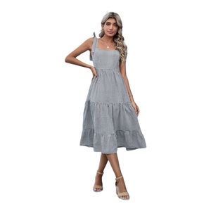 tie strap black and white gingham midi sundress with tiered skirt, size medium